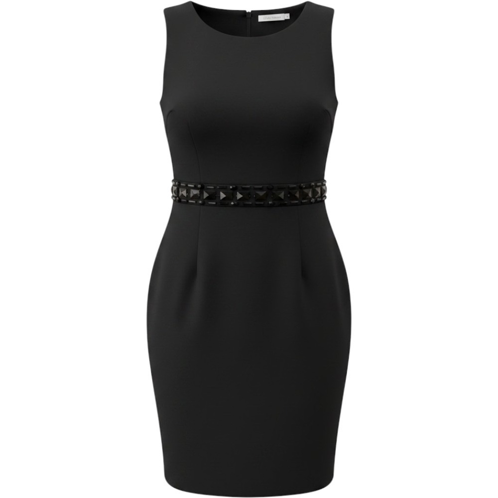 Calvin Klein Black Sleeveless Sheath Dress Embellished Waist 12 LBD